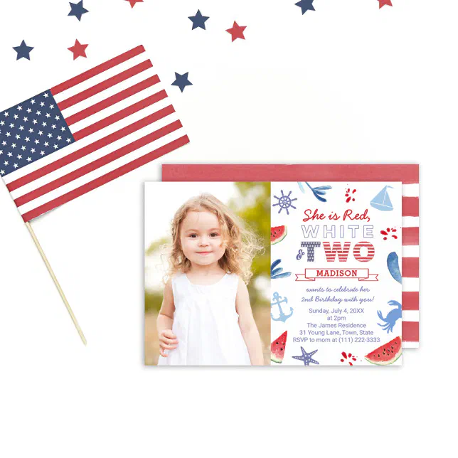 Red White TWO Seaside Shells 2nd Birthday Party Invitation | Zazzle