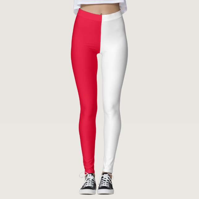 Red White Two Tone Split Half Design Leggings (Front)