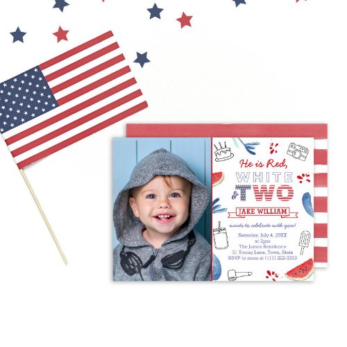 Red White TWO Unisex 2nd Birthday Party Picture Invitation