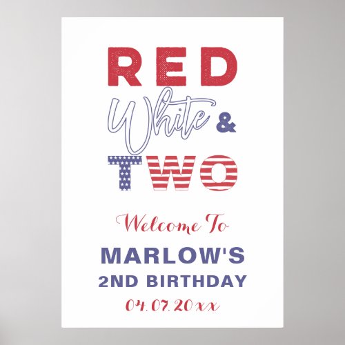 Red White  TWO Unisex 2nd Birthday Party Welcome  Poster