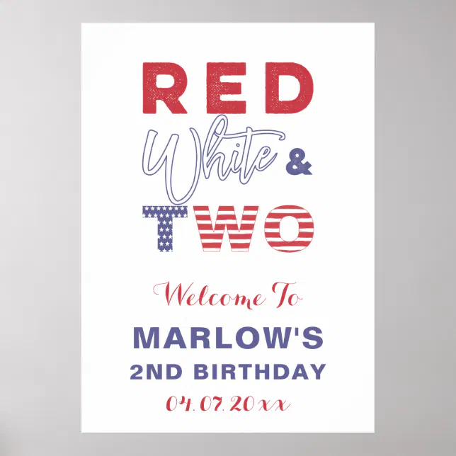 Red White & TWO Unisex 2nd Birthday Party Welcome Poster | Zazzle