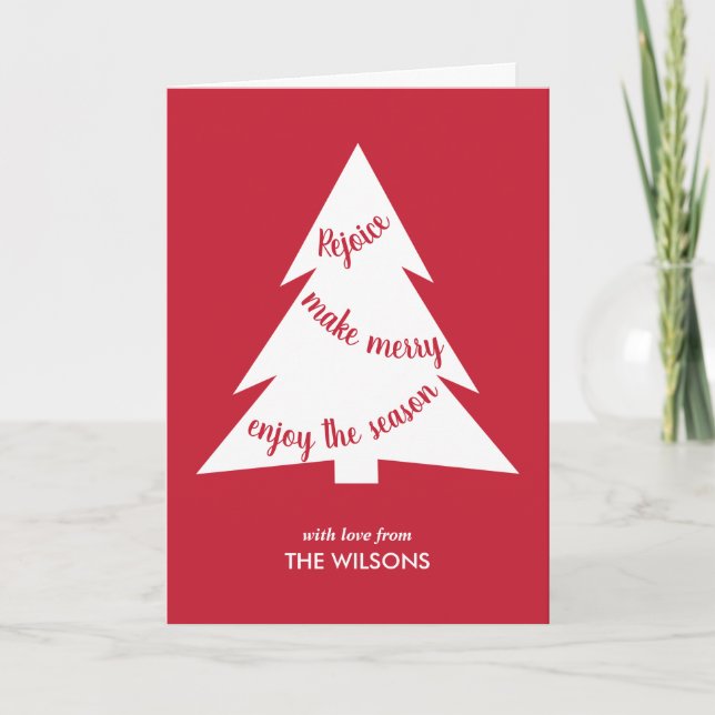 Red White Typography Christmas Tree Custom Photo Holiday Card (Front)