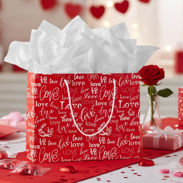 Red & White Typography "Love" Pattern Valentine's  Large Gift Bag (Creator Uploaded)