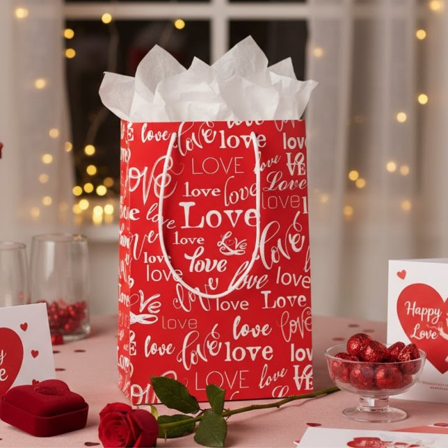 Red & White Typography "Love" Pattern Valentine's  Medium Gift Bag (Creator Uploaded)