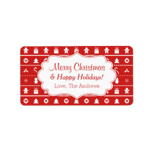 Red White Ugly Christmas Sweater Icons Pattern Label