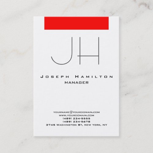 Red white vertical modern plain monogram business card