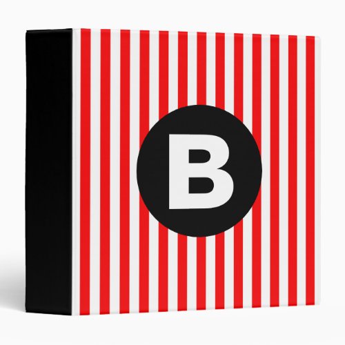 Red White Vertical Stripes Black Monogram 3 Ring Binder