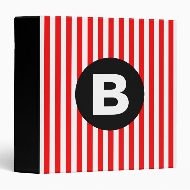 Red White Vertical Stripes Black Monogram 3 Ring Binder (Front/Spine)