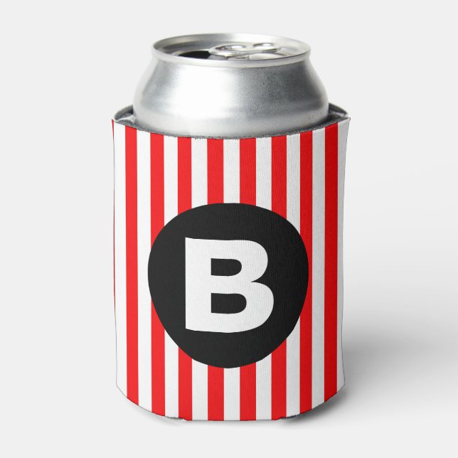 Red White Vertical Stripes Black Monogram Can Cooler (Can Front)