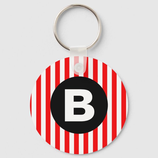 Red White Vertical Stripes Black Monogram Keychain (Front)