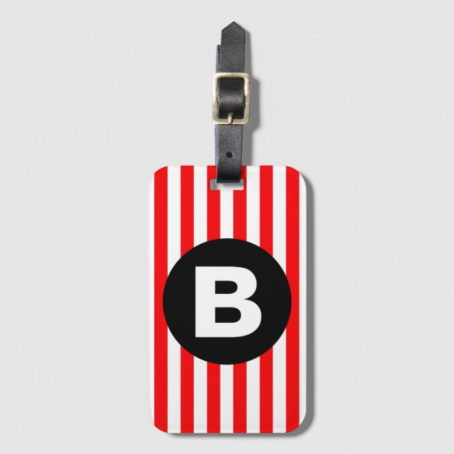Red White Vertical Stripes Black Monogram Luggage Tag (Front Vertical)