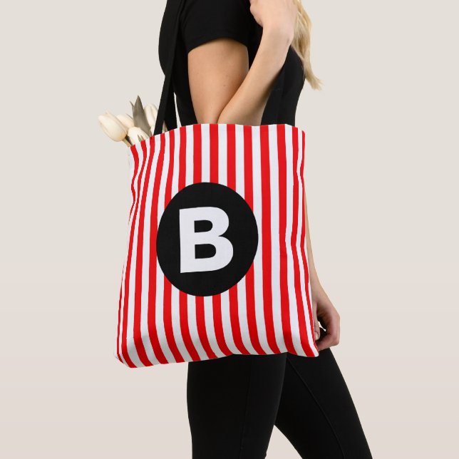 Red White Vertical Stripes Black Monogram Tote Bag (Close Up)