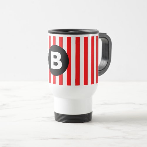 Red White Vertical Stripes Black Monogram Travel Mug