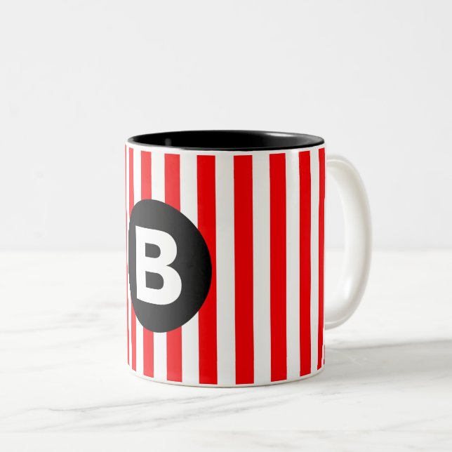 Red White Vertical Stripes Black Monogram Two-Tone Coffee Mug (Front Right)
