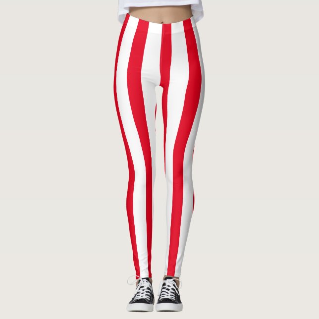Red & White Vertical Stripes Halloween Costume Leggings (Front)