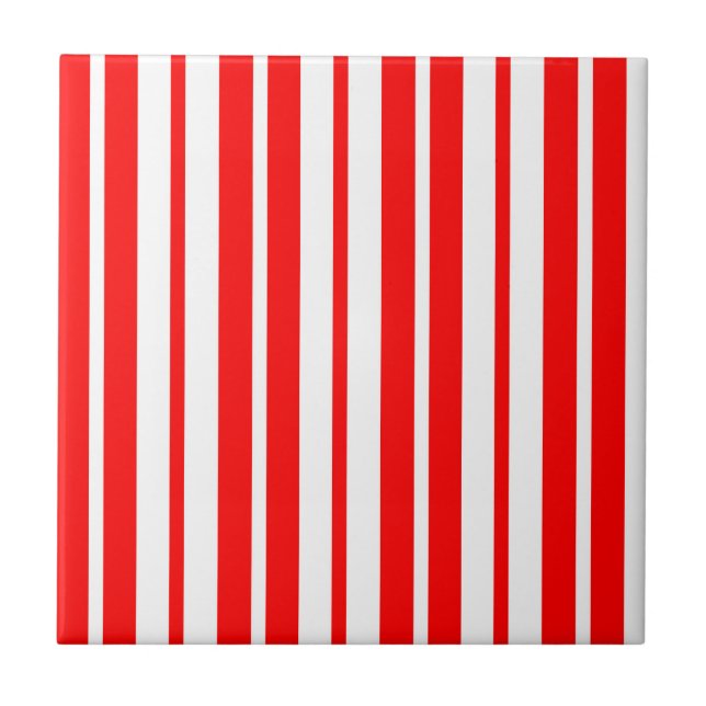 Red White Vertical Stripes Pattern Design Ceramic Tile (Front)