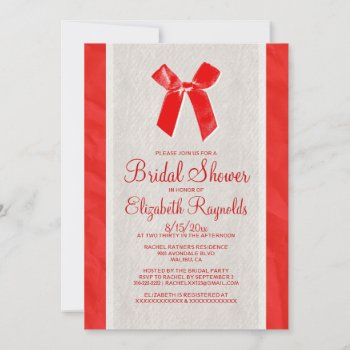Red White Vintage Bow Linen Bridal Shower Invites by topinvitations at Zazzle