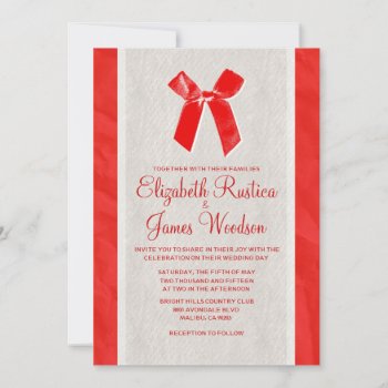 Red & White Vintage Bow Linen Wedding Invitations by topinvitations at Zazzle