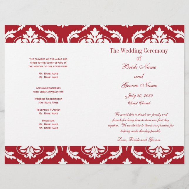 Red White Vintage Damask Wedding Program (Front)