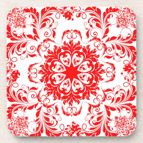 Red  White Vintage Floral Damasks 2 Drink Coaster