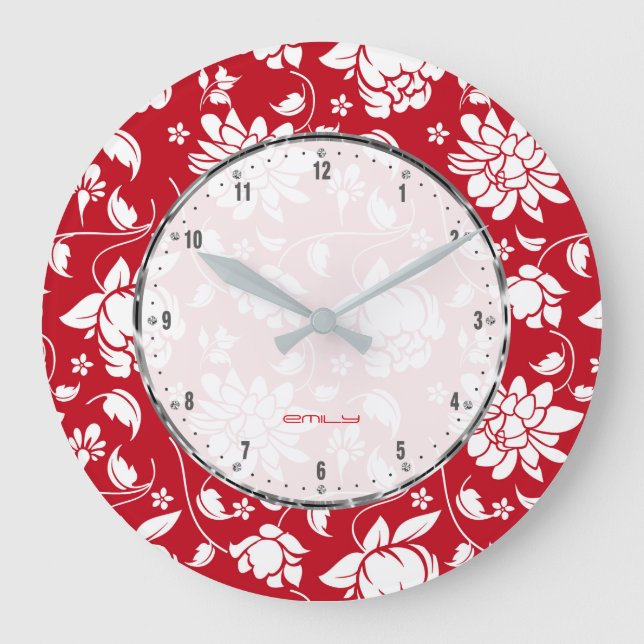 Red & White Vintage Floral Damasks Large Clock (Front)