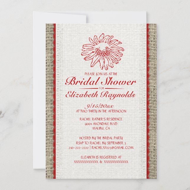 Red & White Vintage Lace Bridal Shower Invitations (Front)