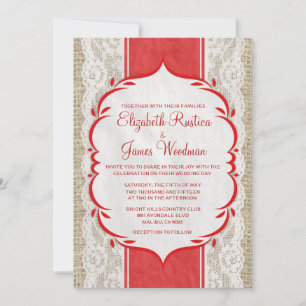 Red & White Vintage Linen Lace Wedding Invitations