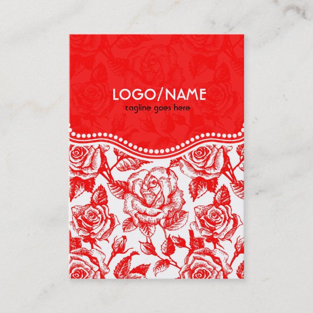 Red & White Vintage Roses Pattern-Customized Business Card (Front)