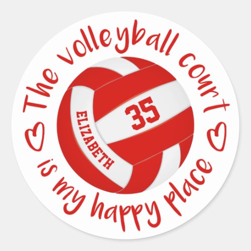 red white volleyball girly happy place typography classic round sticker