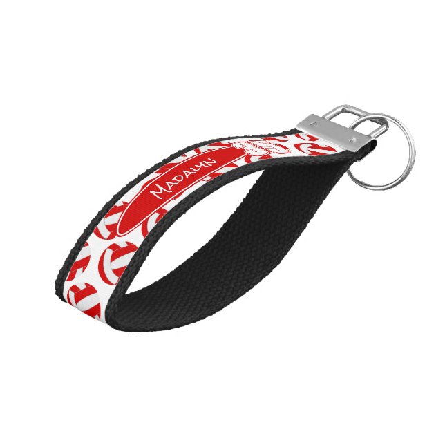 red white volleyballs athlete name wrist keychain (Angled Up)