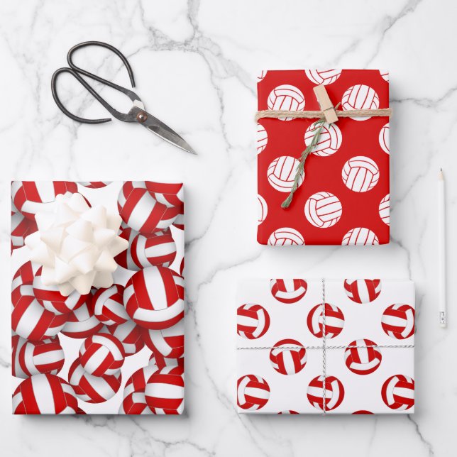 red white volleyballs kids teens birthday party wrapping paper sheets (Front)