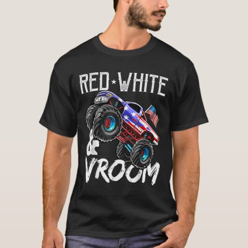 Red White Vroom Monster Truck American Flag July 4 T_Shirt