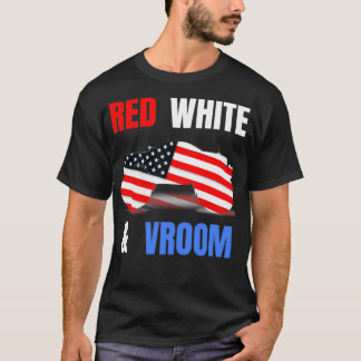 Red White Vroom Monster Truck Lover American Flag  T-Shirt