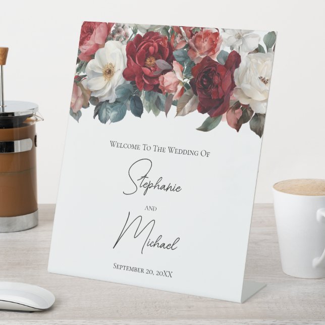 Red White Watercolor Floral Elegant Wedding Sign (In SItu)