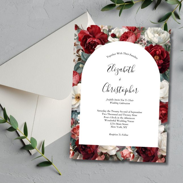 Red White Watercolor Florals Elegant Invitation (Red White Floral Wedding Invitation. Elegant and Modern. Arch Shape)