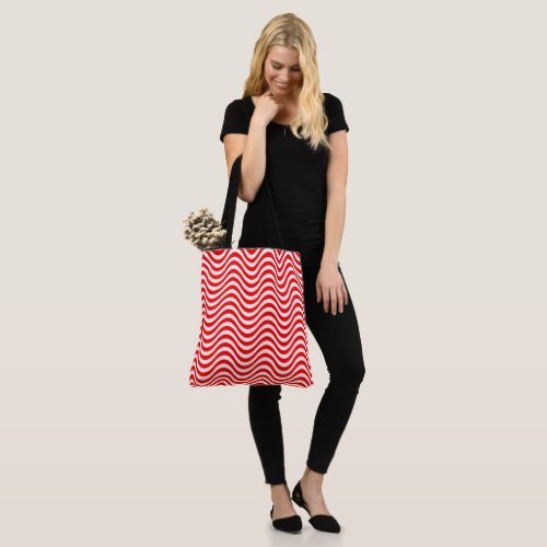 Red White Wavy Stripes Psychedelic Hypnotic Tote Bag
