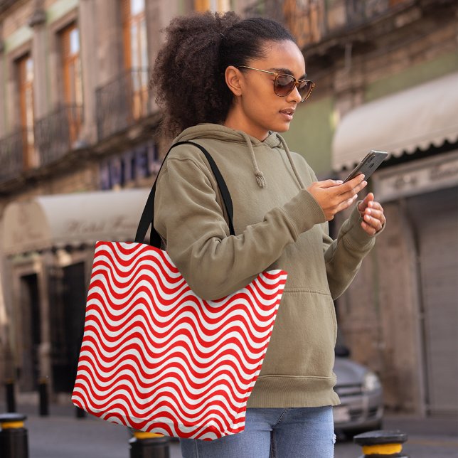 Red White Wavy Stripes Psychedelic Hypnotic Tote Bag (Red White Wavy Stripes Psychedelic Hypnotic Tote Bag, shopping bag, large tote bag, tote, bag, red)