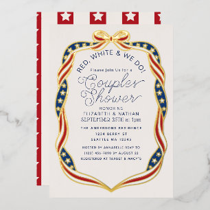 Red White & We Do Ribbon Wedding Couples Shower Foil Invitation