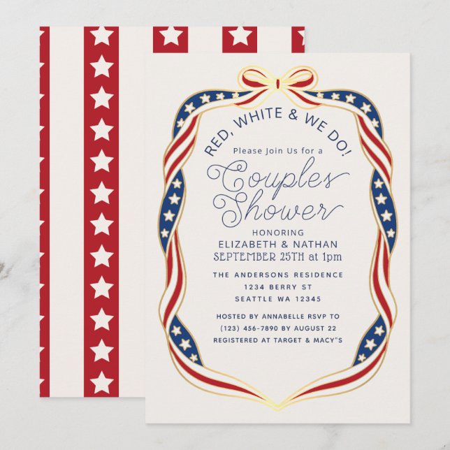 Red White & We Do Ribbon Wedding Couples Shower Invitation (Front/Back)