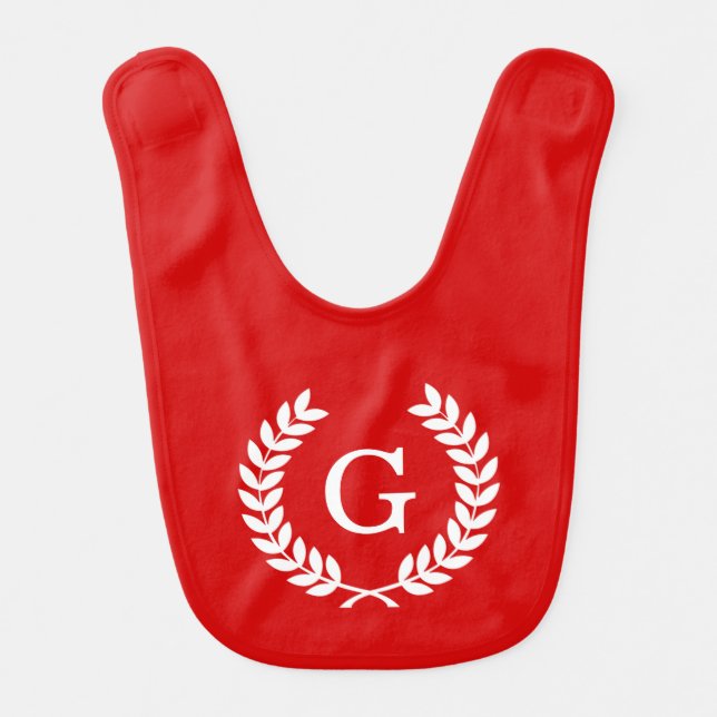 Red White Wheat Laurel Wreath Initial Monogram Baby Bib (Front)