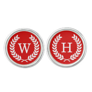 Red White Wheat Laurel Wreath Initial Monogram Cufflinks