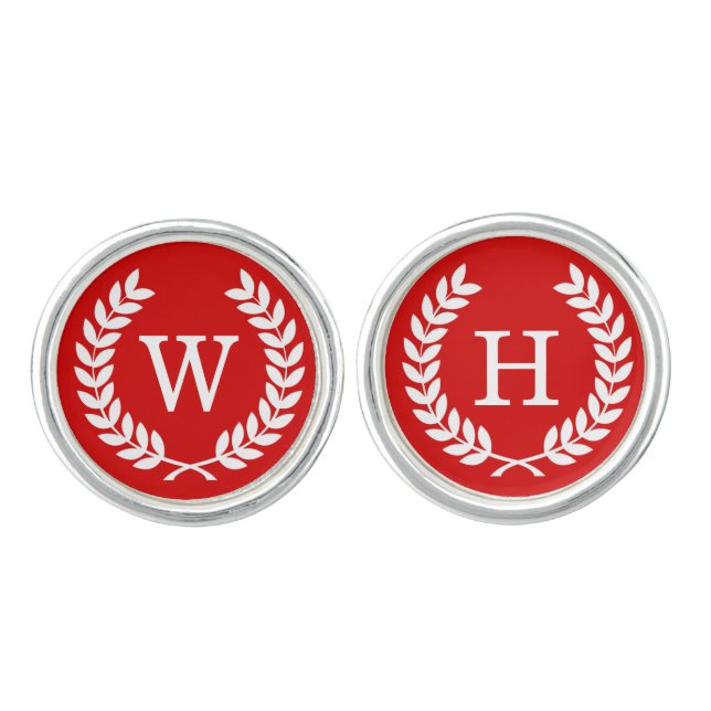 Red White Wheat Laurel Wreath Initial Monogram Cufflinks (Front)