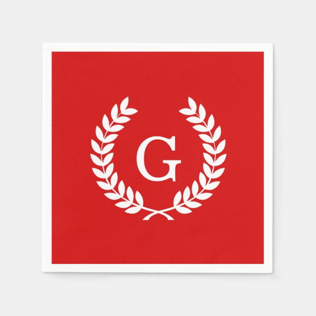 Red White Wheat Laurel Wreath Initial Monogram Paper Napkins (Front)