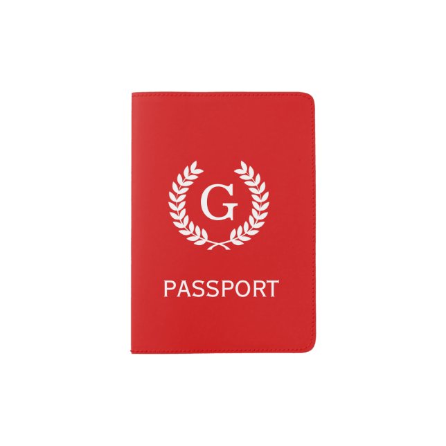 Red White Wheat Laurel Wreath Initial Monogram Passport Holder (Front)