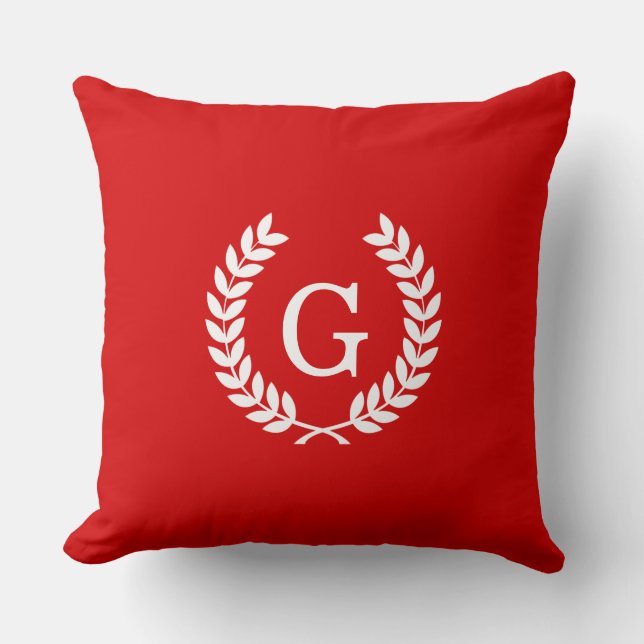 Red White Wheat Laurel Wreath Initial Monogram Throw Pillow (Front)
