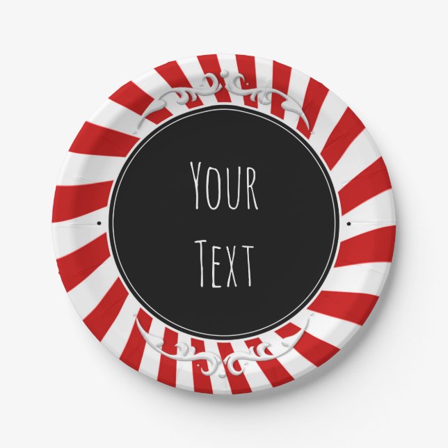 Red & White Whimsical Fun Stripes Party Paper Plates (Front)