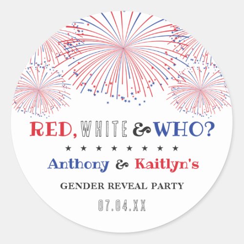 Red White  Who 4th Of July Gender Reveal Party Classic Round Sticker