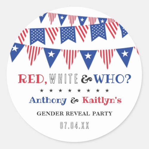 Red White  Who 4th Of July Gender Reveal Party Classic Round Sticker