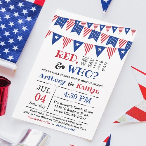 Red White  Who 4th Of July Gender Reveal Party Invitation