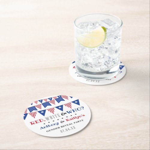 Red White  Who 4th Of July Gender Reveal Party Round Paper Coaster